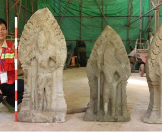 Three of the 12 statues recently recovered during excavations at Angkor Thom. 