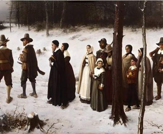 Pilgrims going to church.	Source: Public Domain