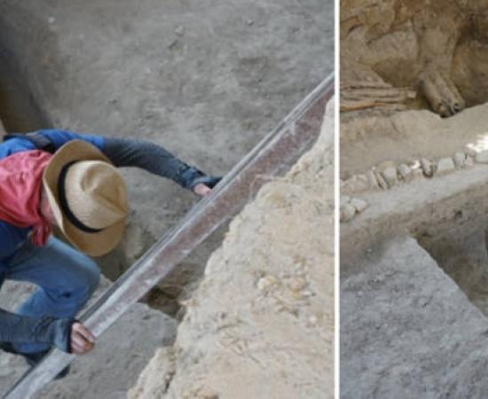 Archaeological excavation site at Mugtepa settlement showing the ancient water pipeline system and ceramic kubur pipes 