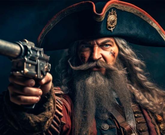 Portrait of medieval bearded pirate holding sword and gun.  Source: Oulaphone/Adobe Stock