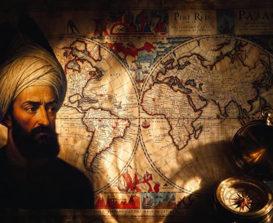 An illustration of a man in a turban, representing Piri Reis, standing before an ancient world map with a brass compass in the foreground.