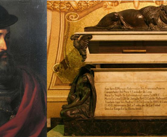 Left; Portrait of Francisco Pizarro. Right; The tomb of Francisco Pizarro in the Lima Cathedral held the wrong man’s remains for nearly a century, but modern science has corrected the error with Pizarro’s remains, found in two boxes beneath the cathedral in 1977.						Source: Left; Public Domain, Right; RAF-YYC / CC BY-SA 2.0
