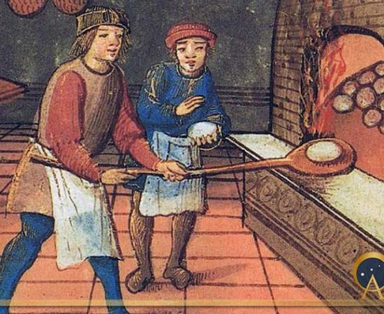 A medieval baker with his apprentice. The Bodleian Library, Oxford. (Public Domain)