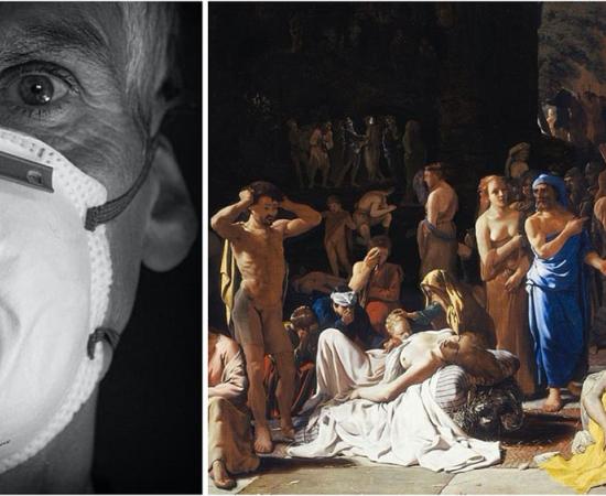 Left: Modern man wearing a face mask to protect against coronavirus.