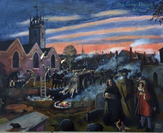 A dramatic scene from the Great Plague of 1665, showing death carts collecting bodies in London streets while fires burn to ward off contagion.