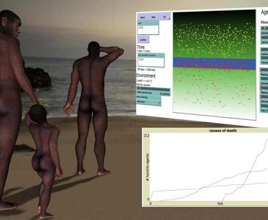 A family of Pleistocene hominins on the beach was the poster image used by Spain’s National Center for Research on Human Evolution (CENIEH) for their research into prehistoric human migrations that required crossing large bodies of water, especially sea straits.      Source: CENIEH