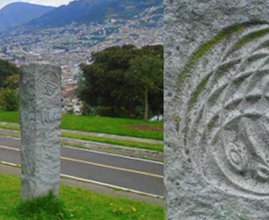 View of Pogačnik’s monolith in Itchimbia Park; close-up of monolith design. Itchimbia Hill actually lies slightly outside the central meridian; behind and to the left you can see El Panecillo, which lies directly on the main energy line. 