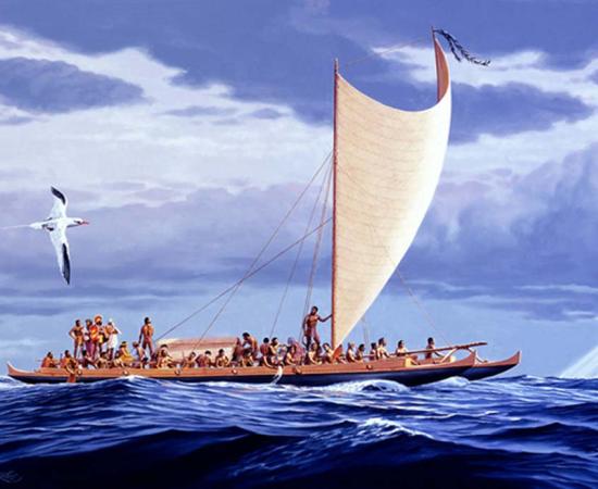 A Wa'a Kaulua (double canoe) of Hawaiian Nobility of the 18th Century. Polynesia was inhabited by skilled seafarers.