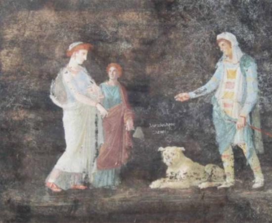 Helen and Paris fresco, indicated in a Greek inscription placed between the two figures with his other name ‘Alexandros’.                Source: Archaeological Park of Pompeii