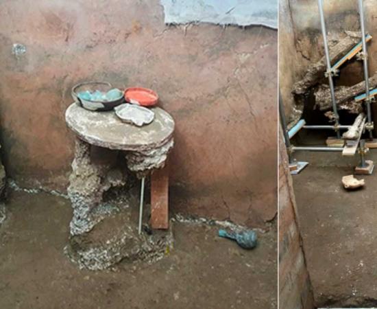 This is the scene archaeologists found in the bedroom in the middle-class Pompeii House of the Larario, so-called because of the many Lares guardian deities found in the home’s well-decorated courtyard.  Source: Pompeii Sites