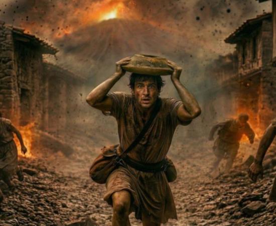 Digital reconstruction of a man moving along a rough path, raising a mortar above his head while debris falls around him.