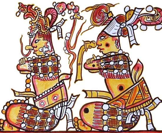 The immolation of the hero twins, known from the Popul Vuh and other narratives, may have been re-enacted in the fifth-century AD Maya city of Tikal. The twins in this image were drawn from an ancient Maya ceramic piece.