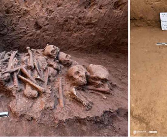 Left, stacked bones of pre-Hispanic burial system; Right, complete skeleton. Source:  Claudia Servín Rosas/INAH