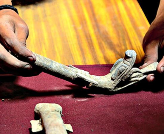Photograph of some of Pre-Hispanic incense burners recently recovered in Mexico. 