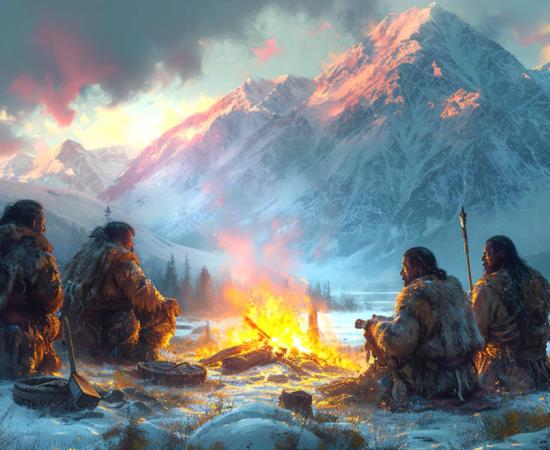 Prehistoric people gathered around a fire. 	