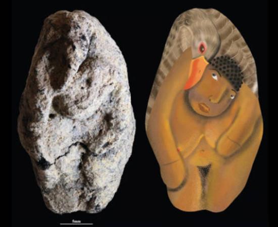 The 12,000-year-old clay figurine from Nahal Ein Gev II depicting a woman and goose in a mythological scene