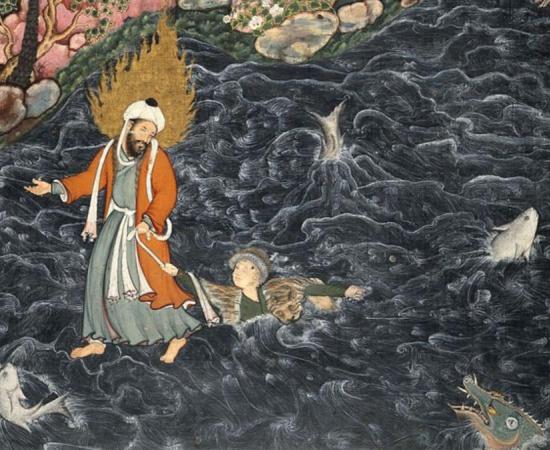Prophet Elijah (Al-Khidr) Rescuing Nur ad-Dahr from the Sea, a scene from the Hamzanama, here imagined in a Persian miniature by Mir Sayyid Ali (c. 1550 C.E.). 