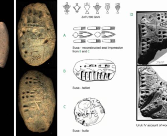 Left; Proto-cuneiform tablets, Right; Analysis of proto-cuneiform examples.