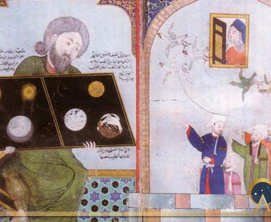 Ibn Umail describes a statue of a sage holding the tablet of ancient alchemical knowledge. Illustration from a transcript of Muhammed ibn Umail al-Tamimi's book Al-mâ' al-waraqî (The Silvery Water), Islamic miniature probably from Baghdad (Public Domain)