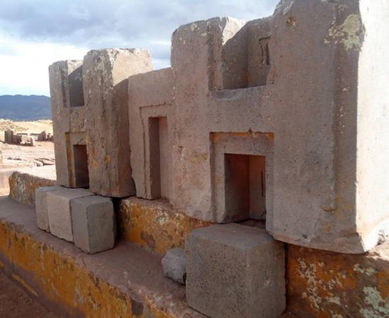 The characteristic monumental stone blocks trimmed in the shape of the letters H at Puma Punku 