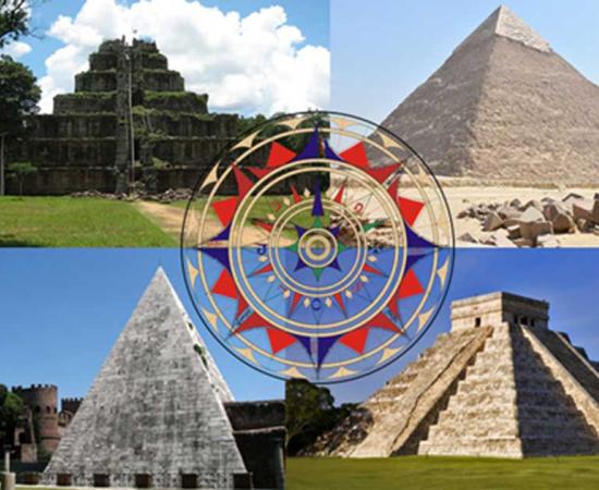Clockwise from top left - Koh Ker, Cambodia (thomaswanhoff/CC BY SA 2.0), Pyramid of Khafre, Egypt (MusikAnimal/CC BY SA 3.0), El Castillo, Chichén Itzá, Mexico (Grand Velas Riviera Maya/CC BY SA 2.0), Pyramid of Cestius, Italy (Nicholas Laughlin/CC BY NC SA 2.0) Center: Replica of a wind rose from the chart of Jorge de Aguiar, 1492. (Alvesgaspar/CC BY SA 3.0)