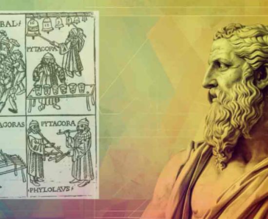 Greek Philosopher Pythagoras with overlay of woodcut showing Pythagoras with bells, a kind of glass harmonica, a monochord and (organ?) pipes in Pythagorean tuning. From Theorica musicae by Franchino Gaffurio, 1492 (1480?)	Source: Khuram Ibn Sabir/Adobe Stock, overlay Bibliothèque nationale de France/Public Domain
