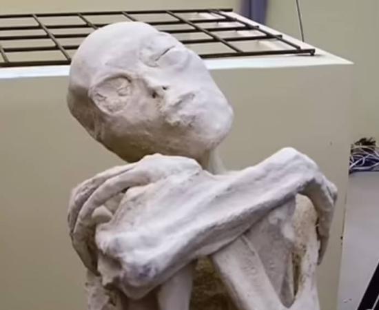 Mysterious Peruvian mummy with unusual physical features, leaving some to suspect they are not human.