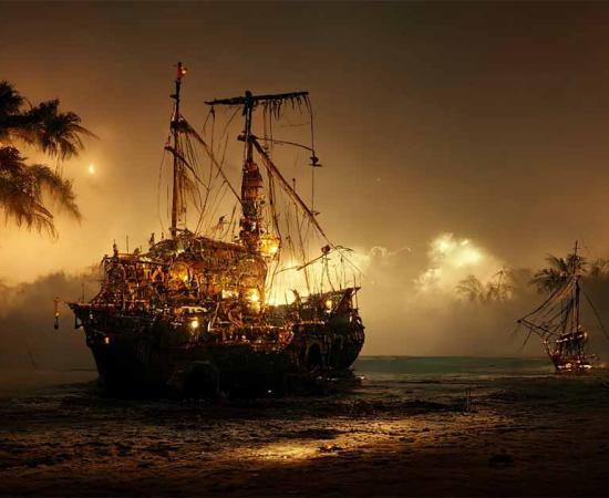 Pirate ship on the open sea at sunset. AI generated representative image of Queen Anne’s Revenge. Sources: Zaleman / Adobe Stock