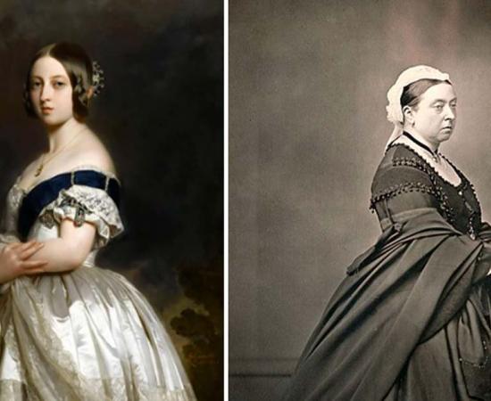 Left; Franz Xavier Winterhalter - The Young Queen Victoria in 1837. Right; Older Queen Victoria photograph.	Source: Left;  Gandalf’s Gallery/ CC BY-NC-SA 2.0 Right; Wellcome Images/ CC BY 4.0