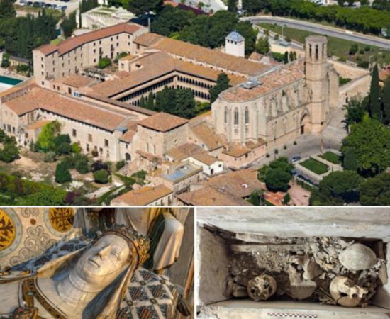 The grand cloister of the Royal Monastery of Santa Maria de Pedralbes in Barcelona, Spain. With Sarcophagus of Queen Elisenda and Tomb of Francesca Saportella below.