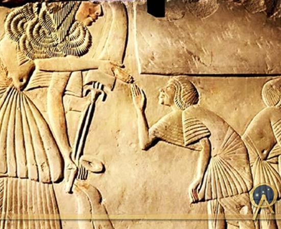 Fragmentary scene, originally from the second courtyard of his Saqqaran tomb, shows Horemheb wearing the Gold of Honor given by Tutankhamun; design by Anand Balaji