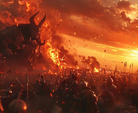 An epic battle scene from Ragnarok, with gods and monsters clashing violently under a bloodred sky, AI generated.