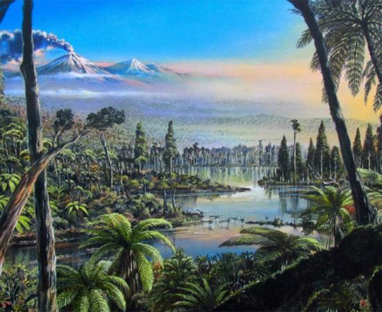 Reconstruction of the West Antarctic Turonian–Santonian temperate rainforest. The painting is based on palaeofloral and environmental information inferred from palynological, geochemical, sedimentological and organic biomarker data obtained from cores 9R and 10R at site PS104_20-2. T            Source: Alfred-Wegener-Institut/J. McKay / CC BY 4.0