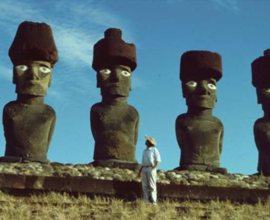 Professor Wallin stood with four of the famous moai statues of Rapa Nui.
