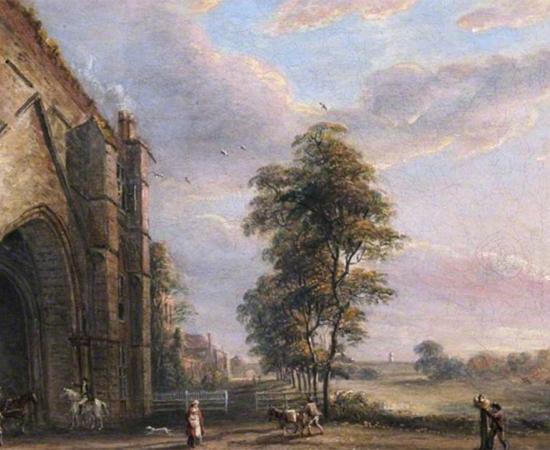 The abbey gateway at the now ruined Reading Abbey in a Paul Sandby oil painting from 1808. Source: Public domain
