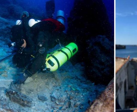Remnants of a second ship found at the Antikythera site in Greece, and right, marble artifact.	Source: Greek Ministry of Culture