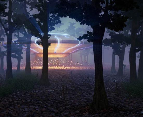UFO landing in the forest at night: This is the story of the Rendlesham Forest UFO sightings!   Source: dottedyeti / Adobe Stock