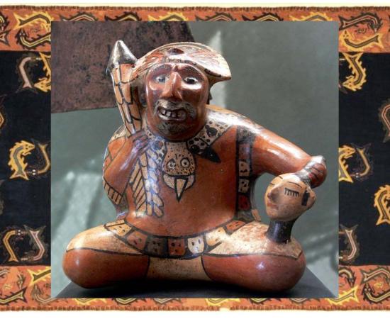 At Front - Representation of a warrior holding a trophy head. Background - Nazca fiber "double fish" design displayed at Brooklyn Museum. Source: Front, Public Domain; Background, Public Domain.