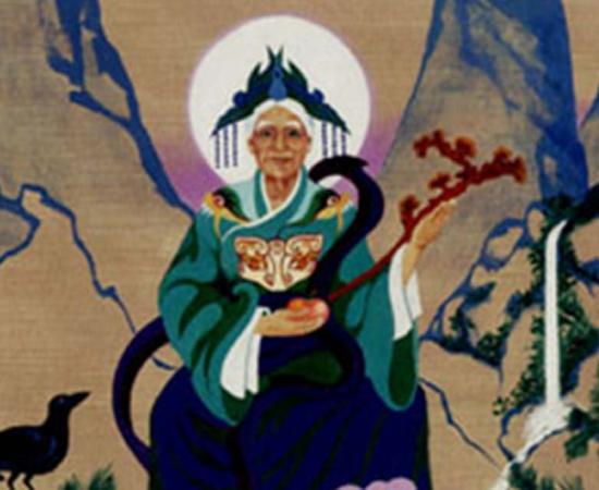  A Ming silk tapestry depicting Dongfang Suo stealing a Peach of Immortality. 