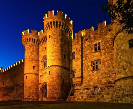 St John knights castle at night, Rhodes island, Greece