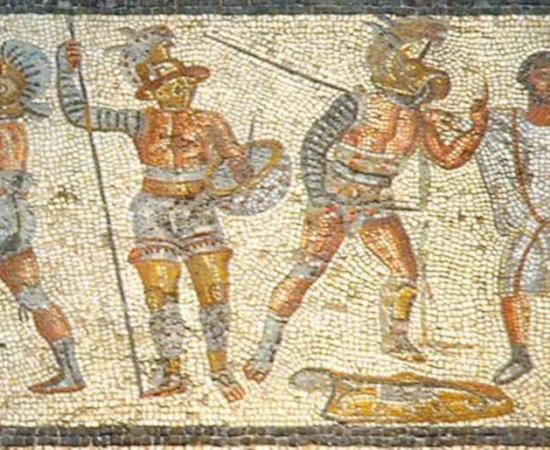 Roman gladiators depicted in mosaic from the year 200 AD.