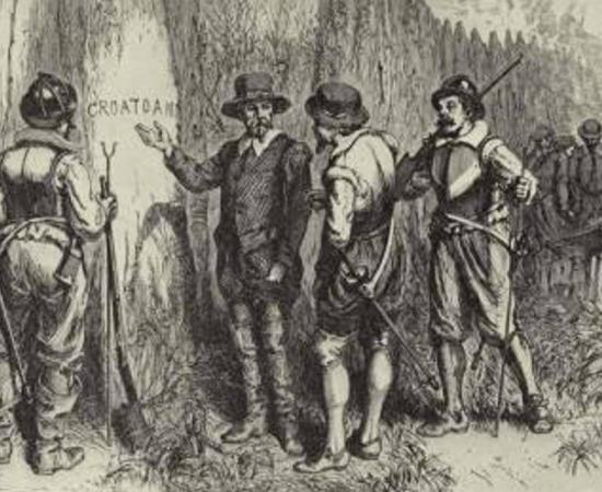 Illustration depicting Captain John White returning to Roanoke Island and discovering the word 'CROATOAN' carved into a tree at the fort palisade. 