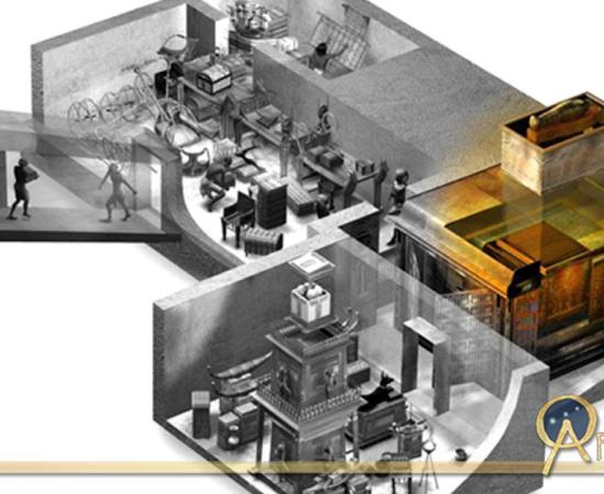 This artist’s impression shows Tutankhamun’s tomb in the process of being stocked in antiquity. The entire exercise seems to have been a rushed affair as Howard Carter noted.