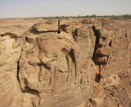 High relief of standing dromedary on sandstone spur at center of image.