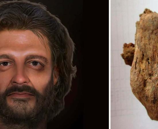 Left; the reconstruction imae of Feb=nsatantion Man. Right; The first evidence of Roman-British crucifixion has been found in Fenstanton, Cambridgeshire, England. The heel of a man found with an iron nail pounded through his heel bone was clear evidence of crucifixion. Source: Left; Impossible Factual/BBC, Right; Albion Archaeology