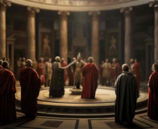 AI image of Roman senators deliberating in the Senate chamber, illustrating the political life of the Roman Republic. Source: Sebastian/Adobe Stock