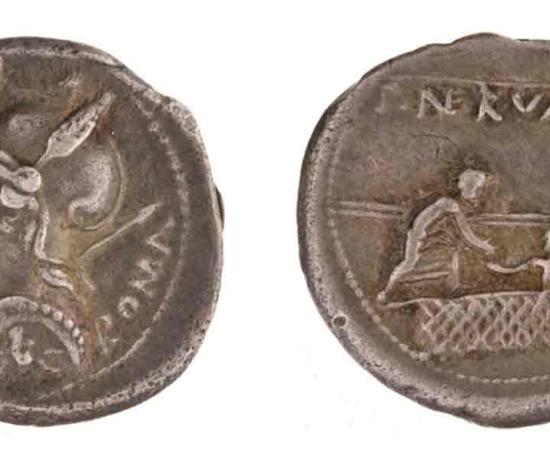 left obverse and right reverse of the silver denarius from Rome, dated 113-112 BC. Source: American Numismatic Society