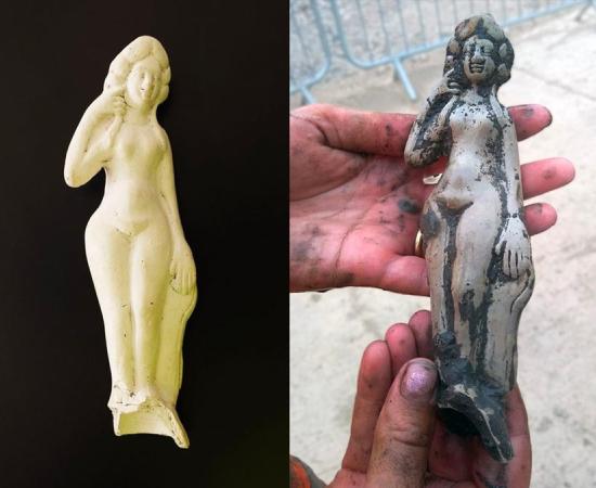 The white pipeclay Roman Venus figurine after cleaning and how it was found. 		Source: GloucestershireLive / Cotswold Archaeology