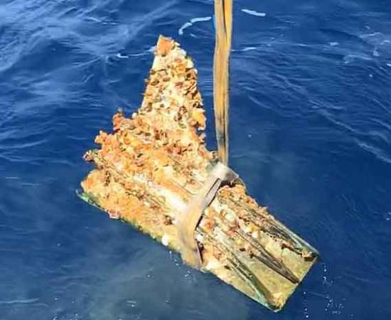 One of the naval Roman battering rams being hoisted from the sea near Ustica Island, Italy.	Source: RPM Nautical Foundation