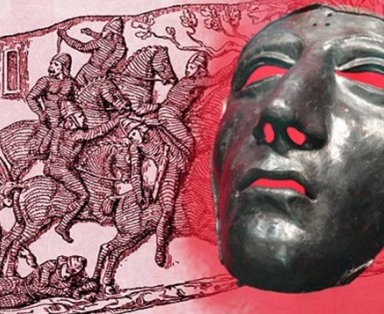 Deriv; face mask for Roman cavalry helmet, first century AD and battle scene featuring Parthian horsemen in armor, and Roman riders. 